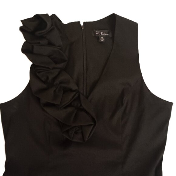 S.L. Fashions Black Dress with Rosette Adorned V-Neck and Back Women's Size 14 - Picture 16 of 16